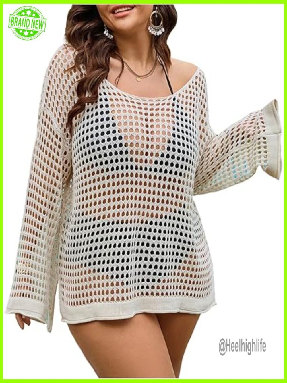 Plus Size Crochet Cover Up Long Sleeve Hollow Out Beach Top